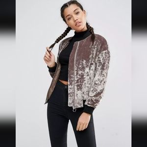ASOS 12 Champagne Tan Black Brown Velvet Bomber Jacket Womens Lined Zip Up Comfy